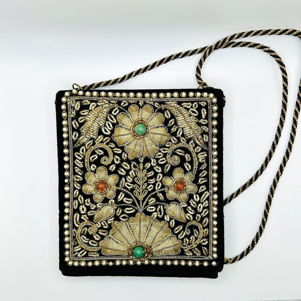 Vintage Zardozi Velvet Evening Bag Hand Embroidered Gold Jewel Clutch Purse